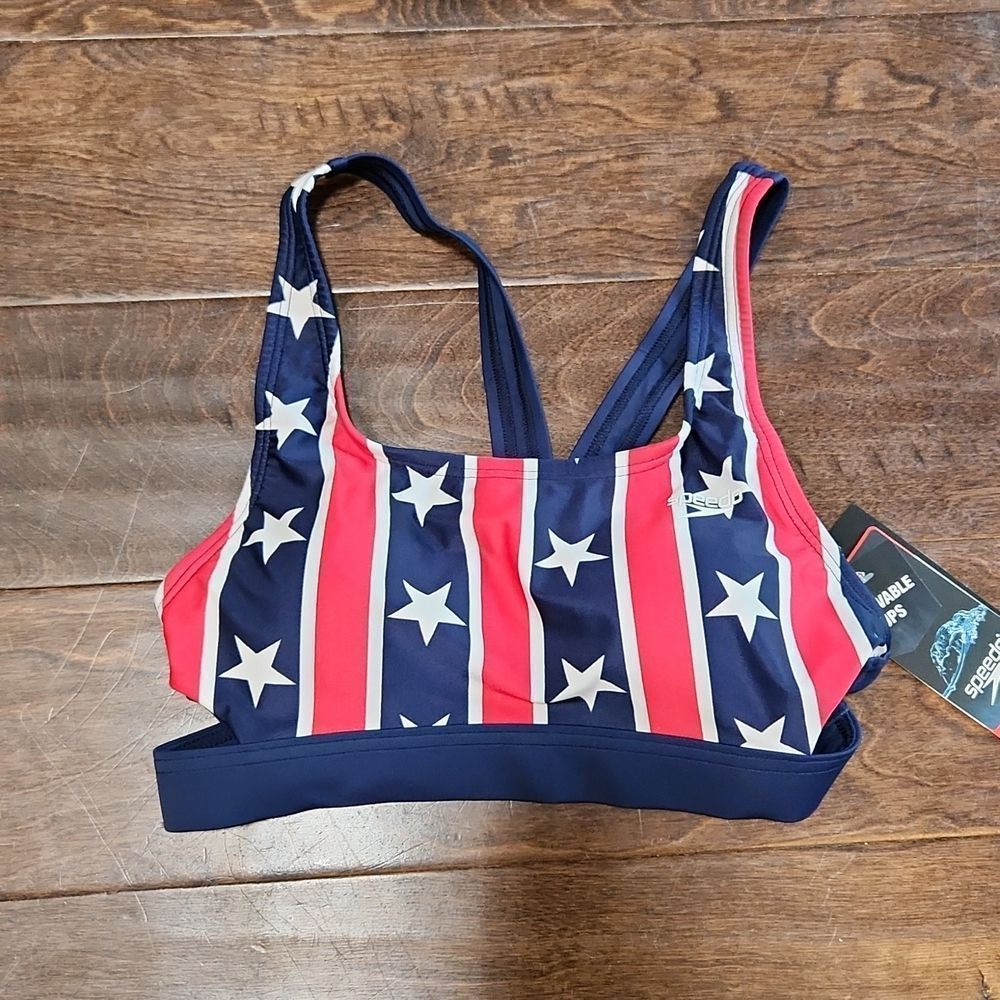 NWT SPEEDO Keyhole Back American Flag Stars and Stripes Bikini Top